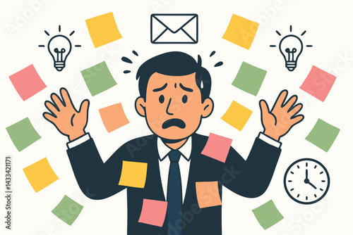 Stressed Businessman Overwhelmed with Multitasking and Deadlines Vector Illustration for Corporate Burnout, Time Management Crisis, and Workplace Anxiety Concept for Business Presentations