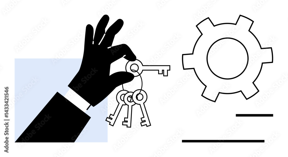 Obraz premium Hand holding a set of keys representing access and solutions next to a gear symbolizing efficiency and process. Ideal for problem-solving, solutions, leadership, tools, innovation, management, simple