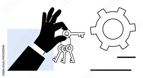 Hand holding a set of keys representing access and solutions next to a gear symbolizing efficiency and process. Ideal for problem-solving, solutions, leadership, tools, innovation, management, simple