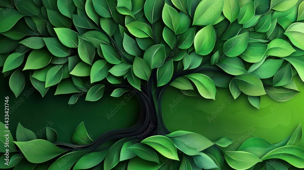 Fototapeta premium Illustration portrays tree with vibrant green leaves, symbolizing growth, nature, and eco-consciousness art evokes serenity.