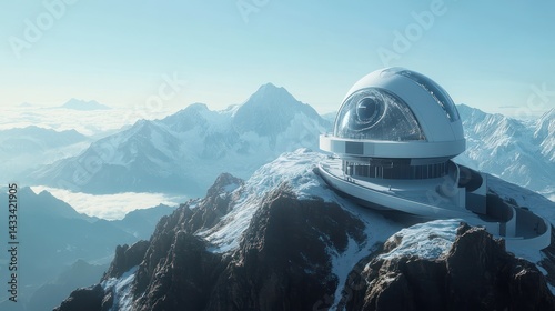 Futuristic observatory perched atop snowy mountain peak, blending technology, science, exploration in serene panorama.
