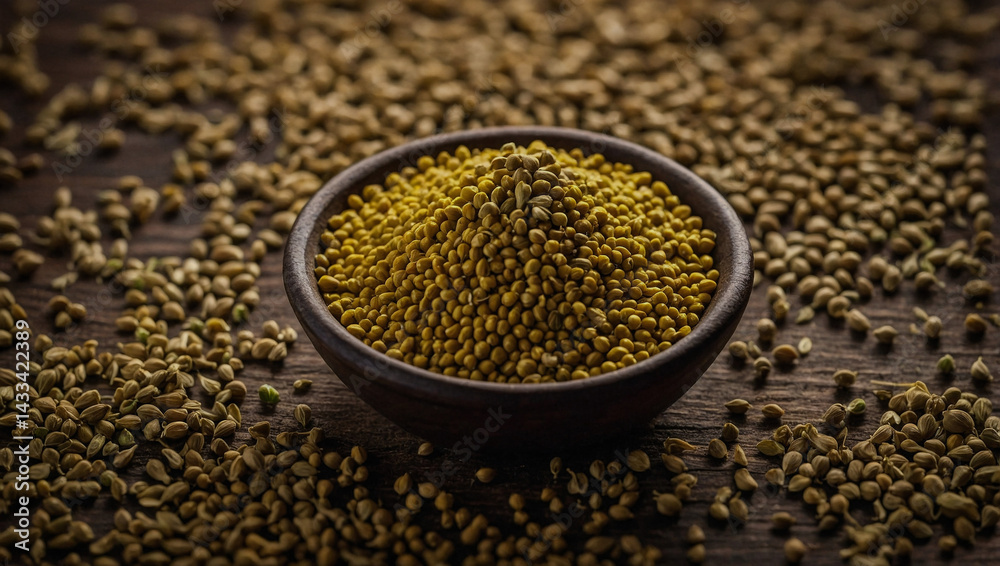 Mustard and coriander seeds arranged creatively, perfect for culinary inspiration.