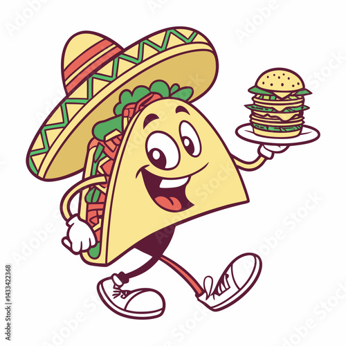 Cartoon groovy fast food tacos cheerful character. Mexican cuisine street cafe snack cartoon funny mascot, cheerful groovy isolated vector personage. Fast food meal or takeaway tacos happy character
