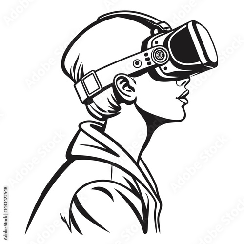 Teenager with VR Goggles Outline Sketch