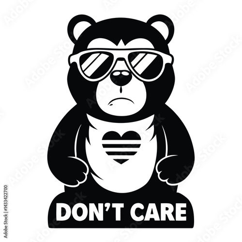Black Bear with Sunglasses, Heart Symbol, and Don't Care Text, Black and White Icon