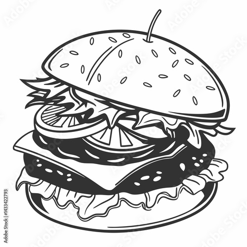 Hamburger silhouette vector art illustration. Black and white hamburger vector illustration.