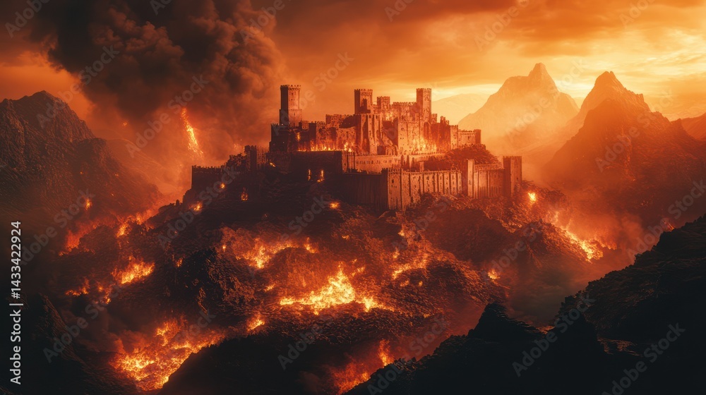 Fototapeta premium Fantasy castle endures blazing inferno, volcanic landscape burns, mountains smolder, orange sky looms dramatic, intense