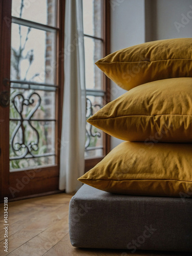 Mustard yellow number eight pillows on a bed by plants and a window.