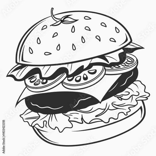 Hamburger silhouette vector art illustration. Black and white hamburger vector illustration.