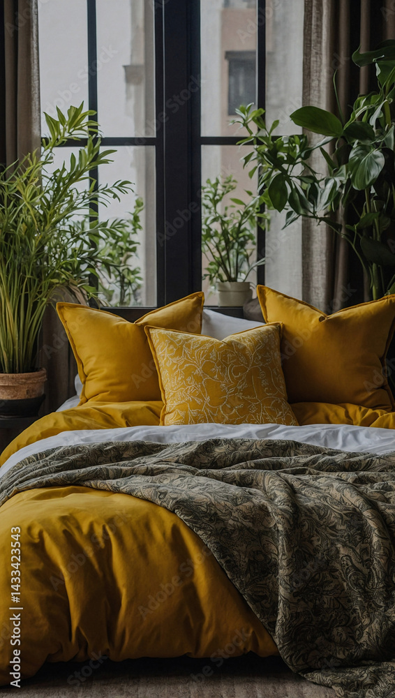 Mustard yellow pillows on a bed with plants and window.