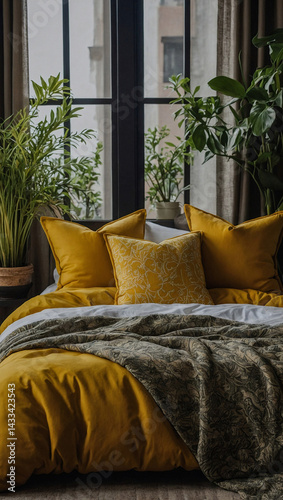 Obraz na płótnie Mustard yellow pillows on a bed with plants and window. w salonie