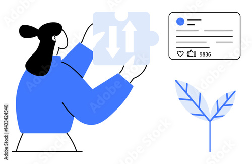 Woman holding puzzle piece with directional arrows, next to social media post and budding plant. Ideal for teamwork, problem-solving, growth, communication, social media, strategy, simple landing