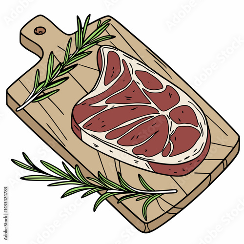 Vector illustration of a raw steak with marbling on a wooden board, garnished with fresh rosemary. Perfect for food and culinary designs.