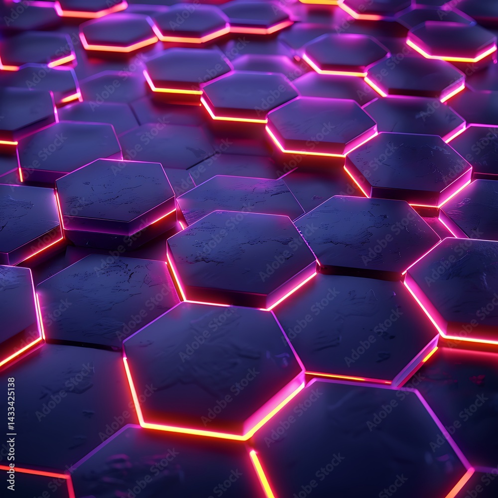 Futuristic abstract background featuring a dark textured hexagonal grid surface with glowing pink and orange neon edges. Technology or gaming aesthetic.
Futuristic abstract background featuring a dark textured hexagonal grid surface with glowing pink and orange neon edges. Technology or gaming aesthetic.