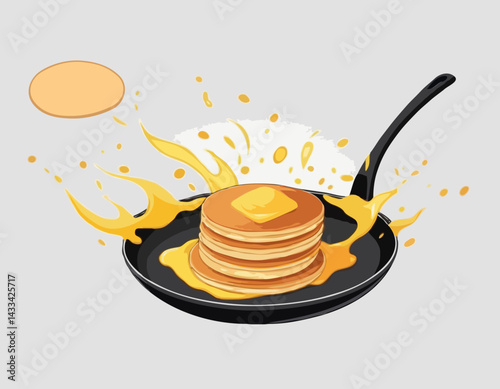 Tossing pancake in cartoon frying pan. Yellow hotcake flying in air on black skillet, chefs movement. Dessert of American cuisine cooking mascot, cartoon pancake making in frypan vector illustration