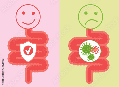 Healthy vs unhealthy gut comparison with bacteria and digestion icon in medical infographic