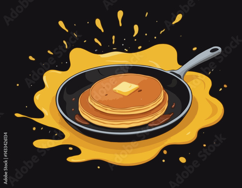 Tossing pancake in cartoon frying pan. Yellow hotcake flying in air on black skillet, chefs movement. Dessert of American cuisine cooking mascot, cartoon pancake making in frypan vector illustration