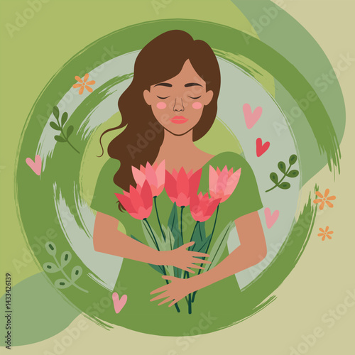Peaceful woman with tulip bouquet in green floral circle symbolizing renewal and nature
