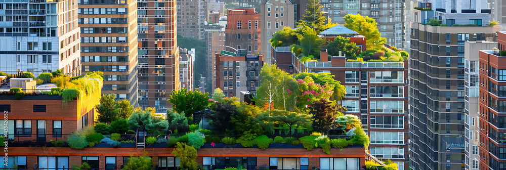 Obraz premium Panoramic cityscape view focusing on urban buildings topped with lush green rooftop gardens, trees, and terraces. Sustainable city living concept banner.