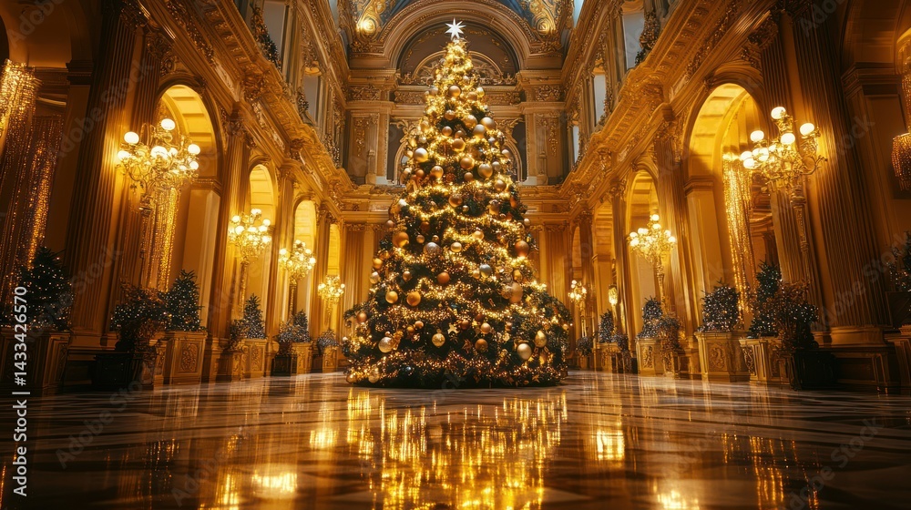 Fototapeta premium Christmas tree glows brilliantly, illuminating grand hall, creates atmosphere festive celebration, holiday cheer radiates.