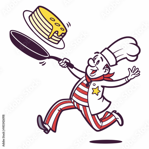 Tossing pancake in cartoon frying pan. Yellow hotcake flying in air on black skillet, chefs movement. Dessert of American cuisine cooking mascot, cartoon pancake making in frypan vector illustration