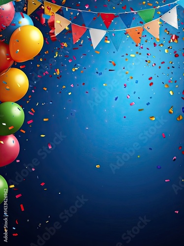 Balloons, Confetti, Pennants, and Blue Background for Celebratory Occasions