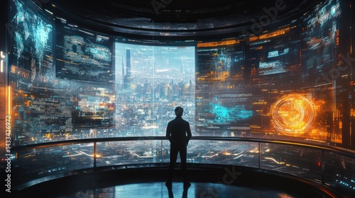 Silhouette surveys massive data displays; reflects on cybersecurity, technology's progress, information technology and future trends.