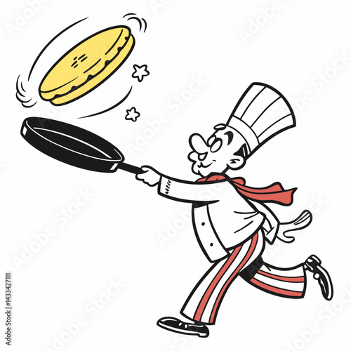 Tossing pancake in cartoon frying pan. Yellow hotcake flying in air on black skillet, chefs movement. Dessert of American cuisine cooking mascot, cartoon pancake making in frypan vector illustration