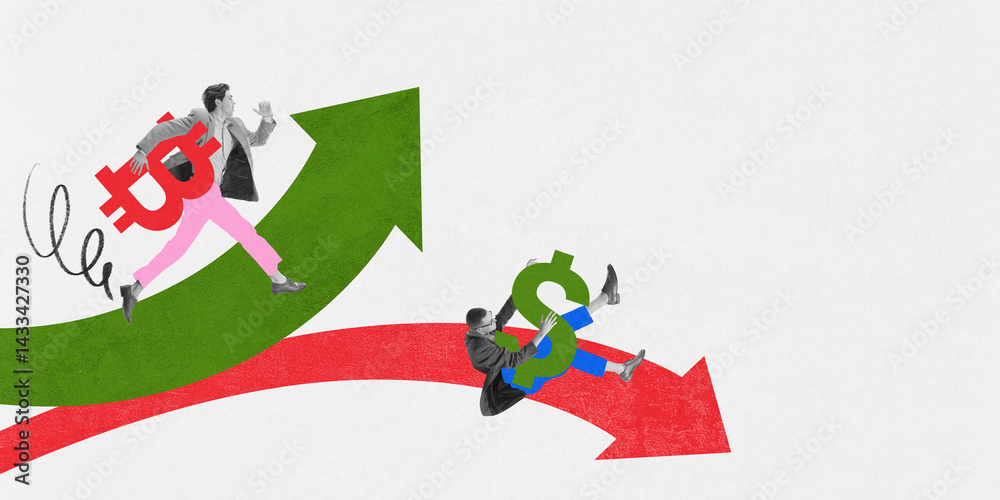 Bitcoin rising while dollar falling on separate arrows, showing exchange dynamics and market contrast. Conceptual design. Economy, recession, currency devaluation, inflation concept. Photocopy effect