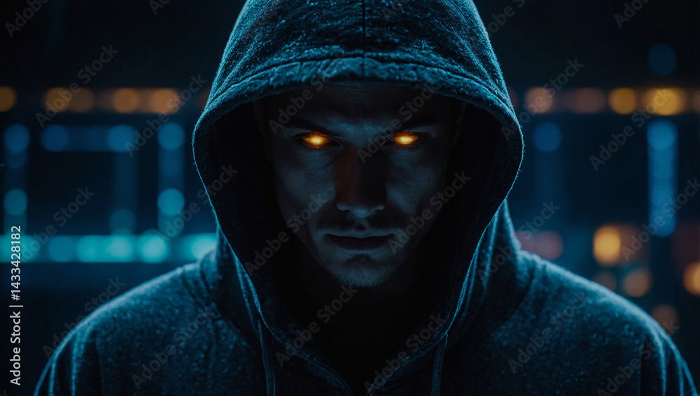 Mysterious figure in a hoodie surrounded by glowing effects, symbolizing cybersecurity.
