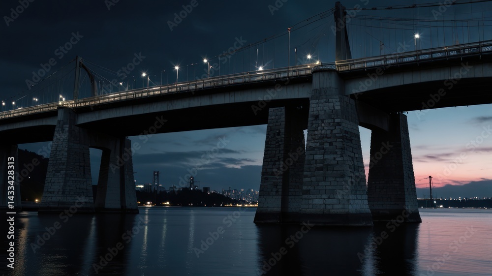 Fototapeta premium Night cityscape bridge traffic river sunset
