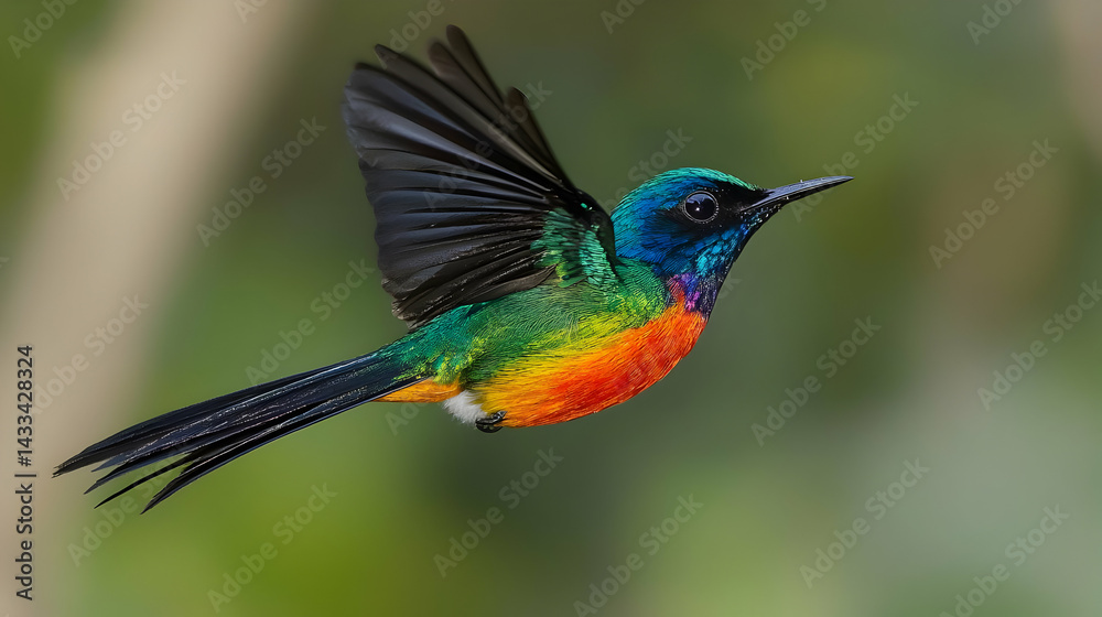 Obraz premium Colorful Bird In Mid-Flight Displaying Vibrant Plumage Against Blurred Green Background