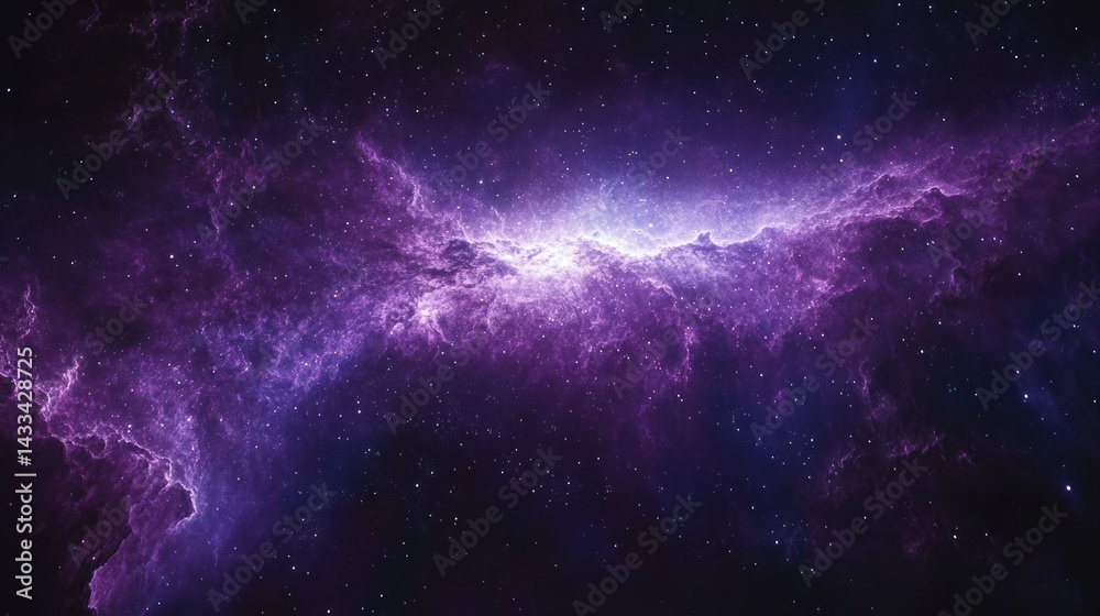Fototapeta premium Abstract space nebula with purple and white clouds against a dark background.