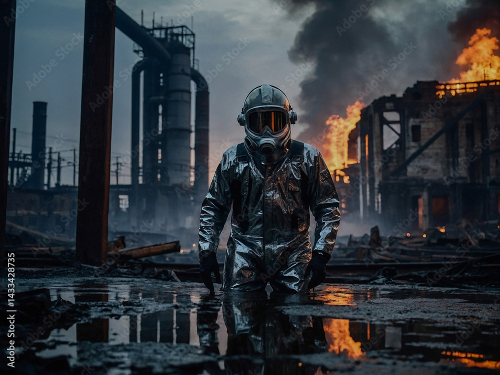 Mysterious figure in reflective suit amid industrial ruins at dusk, surrounded by smoke and flames.