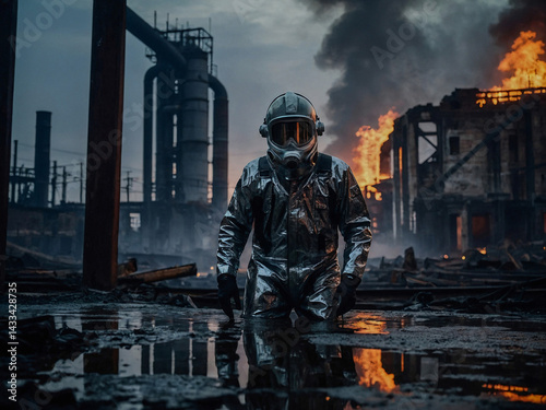 Obraz na płótnie Mysterious figure in reflective suit amid industrial ruins at dusk, surrounded by smoke and flames. w salonie