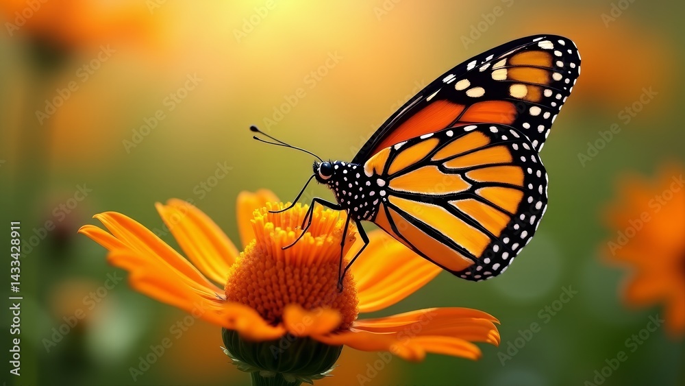 Fototapeta premium Monarch Butterfly On Orange Flower Blossom