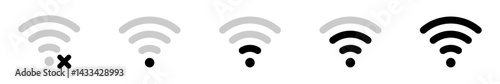 Wi-Fi signal strength icon set in vector format showing different connection levels from no signal to full. Ideal for UI,UX, apps, and web interfaces. Clean, minimal, and editable design.