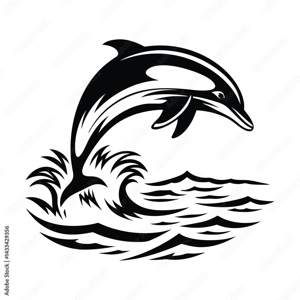 Naklejka premium Minimalist Black Dolphin Leaping Silhouette, Aquatic Waves, Clean Line Art, Isolated