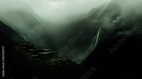 Mountain village, waterfall, misty valley, travel photography, serene landscape
