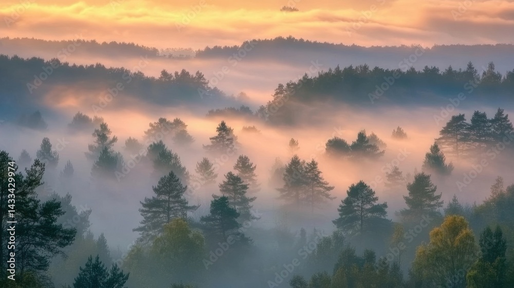 Fototapeta premium Panoramic Misty Forest Landscape with Morning Fog