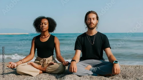 Interracial couple meditating on the beach with smartwatch benefits