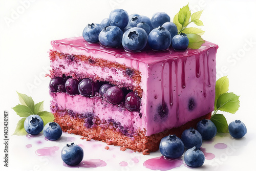 Purple blueberry cheesecake cut into pieces on white background.