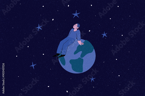 Man sitting on Planet Earth looking up. Male Character. Concept of solitude, cosmos, mindfulness. Flat graphic vector illustration of dreamy person in space, isolated on dark starry background.