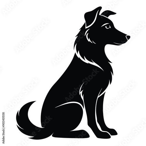 Silhouette of a Sitting Dog with a Bushy Tail, Side View, Black and White Art