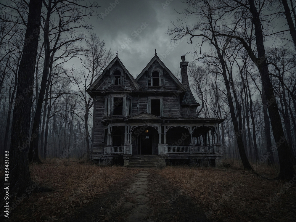 Mysterious haunted house in the woods.