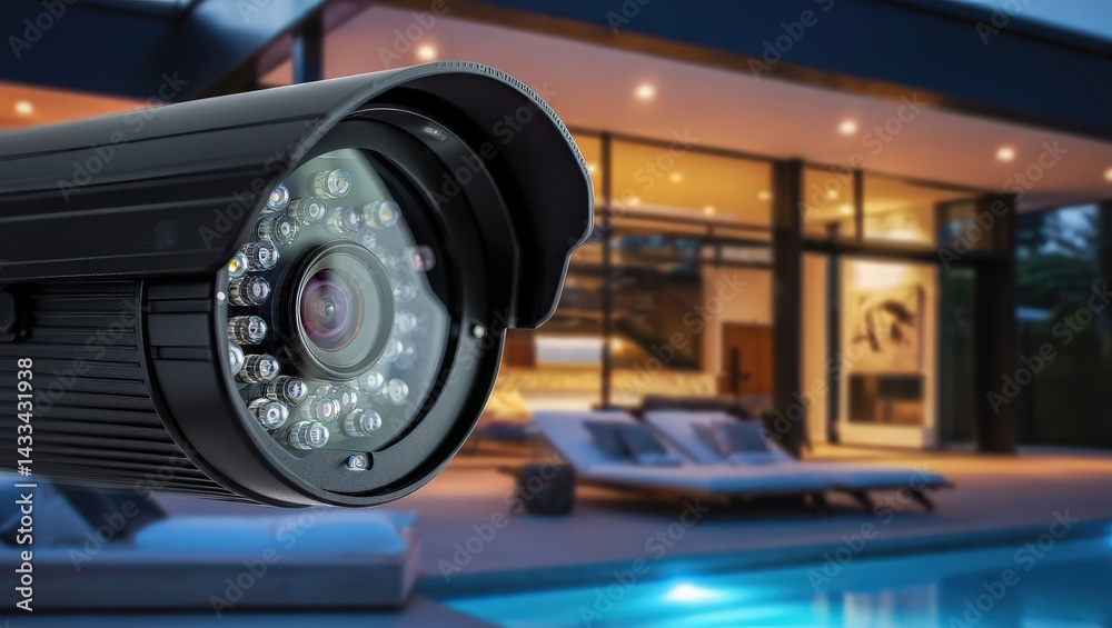 A black security camera with multiple lenses on top of a house. A black security camera with multiple lenses on top of a house.