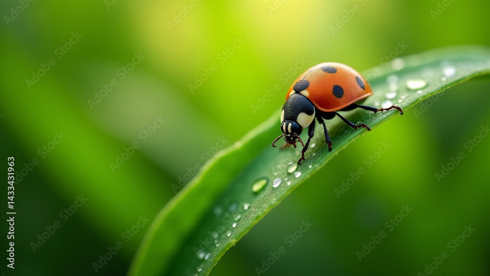 Ladybug On Dewy Green Leaf Close-Up Ladybug On Dewy Green Leaf Close-Up