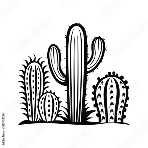 Black and White Silhouette of Cacti Group with Various Spines, Prickles, & Ribs, Desert Plant