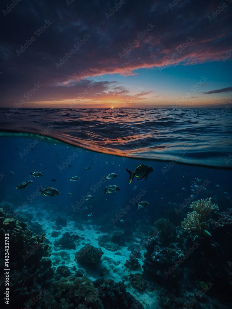 Mysterious ocean depths at twilight, glowing creatures.