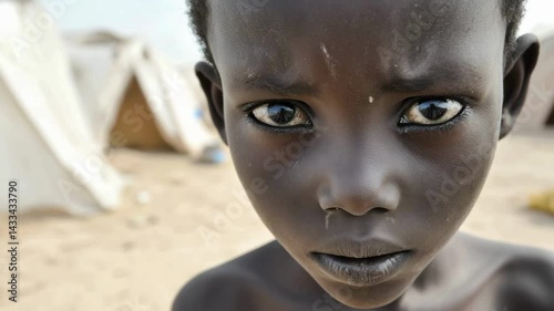 Standing in front of pale-colored tents in a sandy refugee camp, an Eritrean boy stares at the camera with big black eyes. There is both innocent curiosity and deep concern on his face.